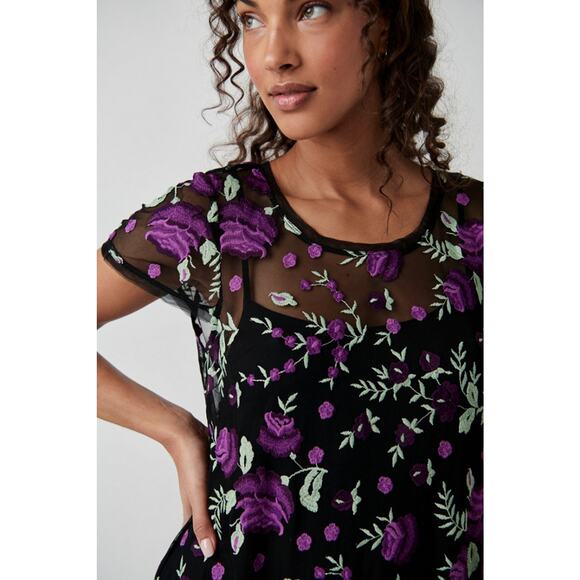New Free People Sky Bright Floral Midi Dress $228 MEDIUM Black/Purple Sheer Mesh - Picture 2 of 7